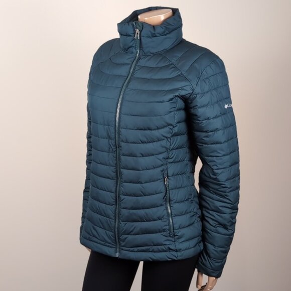 Columbia Puffer Jacket Womens Medium White Out ll Omni Heat Dark Seas Teal - Picture 4 of 15